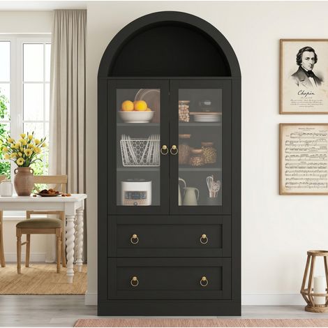 Buffet haut arqué 80 x 36 x 170 cm avec tiroirs et portes en verre, noir HAVRYA (1/5)