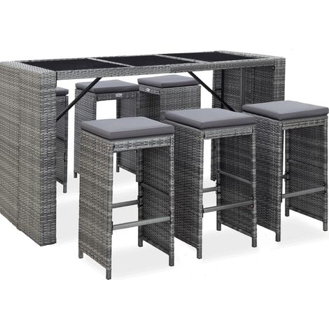 7-tlg. Gartenbar-Set mit Auflagen Poly Rattan Grau