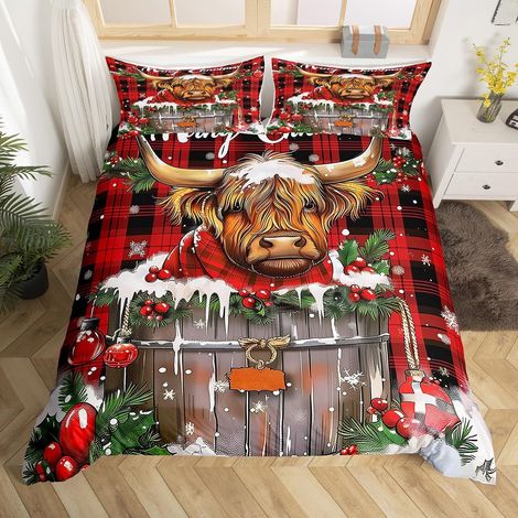 Noël Housse de Couette 140x200 Highland Bull Imprimer Literie Set Garçons Filles Enfants Joyeux Noël Parure de Lit Décorations de Noël Couvre Lit Rouge Grille Géométrique Bonne Année Literie - 140x200 (1/5)