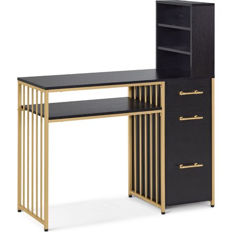 M MCombo Schreibtisch mit 3 Schubladen, Nageltisch aus Holz Metallgestell, Manikürtisch, Schminktisch ohne Spiegel Modern, Computertisch mit Regal Wohnzimmer, 43x108x125cm, 2420 (1/5)