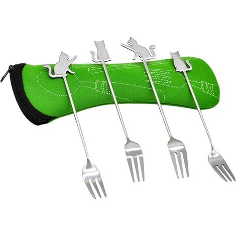 14,6 cm lange Dessertgabel aus Edelstahl, niedliches Katzenmotiv, 4er-Set mit Etui.