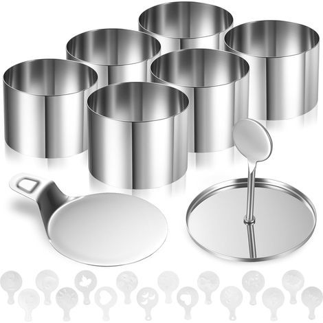 8 Pcs Stainless Steel Dessert Rings 3" Diameter with Lid, Base and Stencils Round Shape for Tart (1/5)