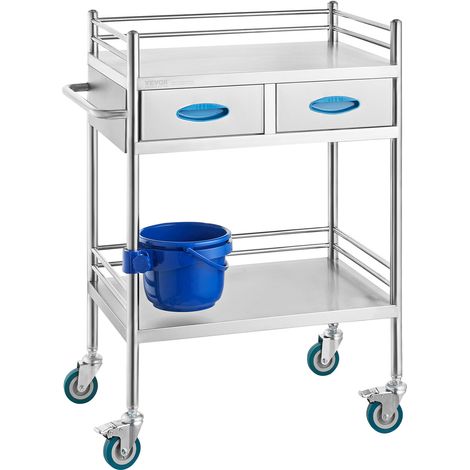 VEVOR Chariot de Laboratoire en Acier Inoxydable, Chariot Medical 2 Couches 2 Tiroirs, Chariot de Service Charge 100 kg avec Roues Verrouillables et Un Seau, pour Labo Salon Hopital, Usage Dentaire