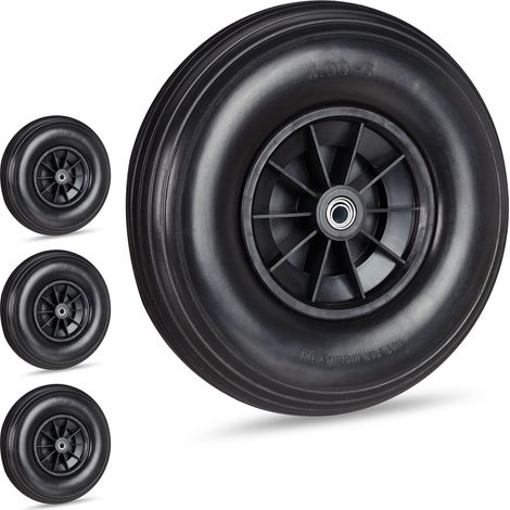 4 x Schubkarrenrad 4.00-6, Vollgummirad mit Kunststofffelge, je 3 Adapter, PU Ersatzrad pannensicher, 100 kg, schwarz (1/5)