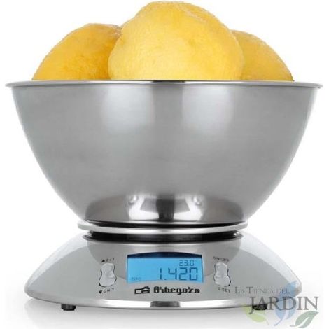 Peso elettronico da cucina Orbegozo. Vasca e rivestimento in acciaio inossidabile. dispositivo LCD. Capacità massima 5kg. In sca