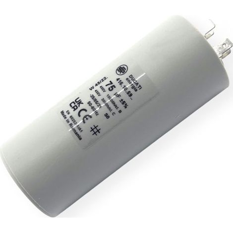 Ducati Energia – Condensateur permanent 75µF à cosses Faston 6.3mm – Ø50x117mm – Fond plat pour moteurs électriques 220V – Homologué VDE EN60252-1 (1/2)