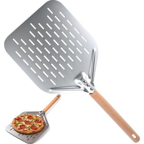 Pelle à Pizza Perforée en Aluminium, 40 x 30 cm, 12 Pouces, avec Poignée en Bois Amovible, Grande Surface, pour Pierre à Pizza, Four, Barbecue, Cuisson de Pizza et Pain (1/5)