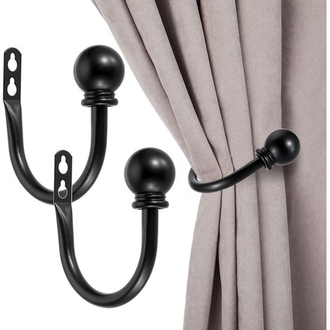 Sollbry Paquete de 2 alzapaños decorativos de metal para cortinas, soportes para cortinas de ventana de dormitorio, sala de estar y oficina. Incluye tornillos, color negro (11 mm). (1/3)