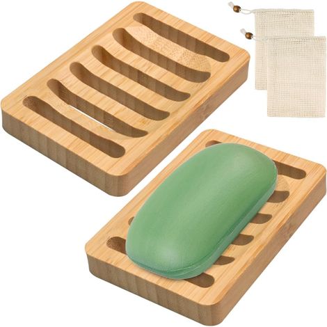 Lot de 2 Porte-savon, Bambou, Bac D'égouttement, Antidérapant, Salle De Bain, Cuisine (1/5)