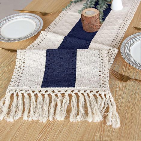 Chemin de table bohème 30 x 140 cm en coton et lin, style rustique et vintage, bleu foncé, coutures bicolores, idéal pour la décoration de table, les fêtes et les réceptions. (1/5)
