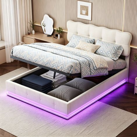 JOOKGBD-Letto Contenitore 140x190 cm,Letto Matrimoniale Imbottito,Letto Adolescenti,con LED,Ripiano Integrato,Testiera Imbottita,Rete a Doghe Inclusa,Velluto,Beige,Senza Materasso