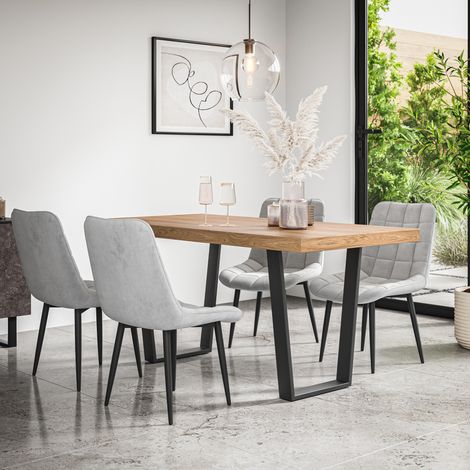 Aria Dining Table And Chairs - Oak Effect Table Top w Black Legs + Nova Velvet Dining Chair Set Of 4 (Grey) (1/5)