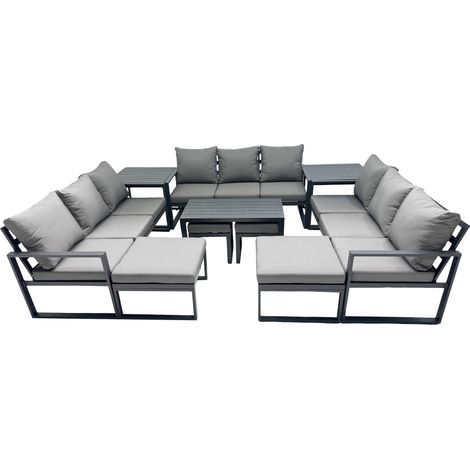 Fimous Outdoor Garden Furniture Set Aluminium Lounge 3 Seat Sofa Oblong Coffee Table Sets with 4 Stools 2 Side Tables Dark Grey (1/5)