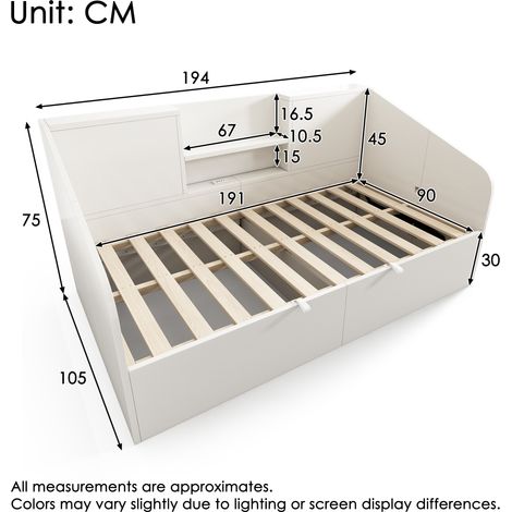 Lit simple 90x190 cm blanc hydraulique avec sommier bois, 2 étagères, grand espace rangement, port USB/Type-C, sommier à lattes fourni, gain de place (sans matelas) (1/5)