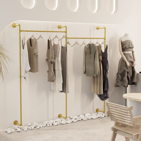 UNHO Armario Abierto para Ropería Perchero de Pared de Tubo Ajustable de Estilo Industrial, 205 x 26 x 190 xm, Dorado