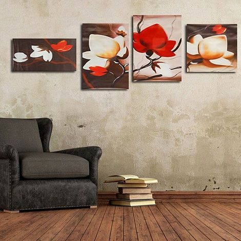 Fashion 4 Pcs Abstract Flower Wall Art Oil Painting Canvas Picture Wallpaper Sticker Living Room Decor Bedroom Accessories WASHING (1/5)
