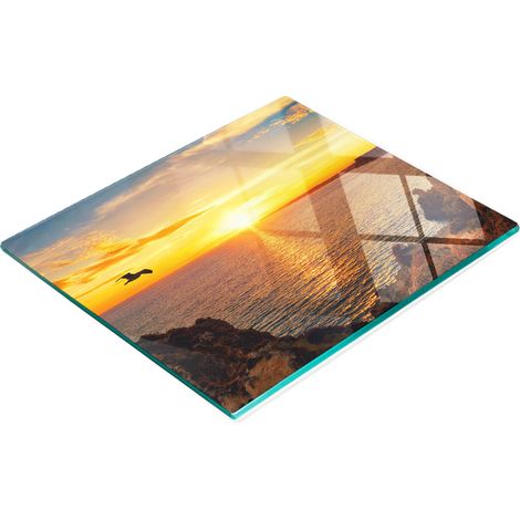 Tablero de vidrio duradero y elegante con dise帽o de puesta de sol junto al mar, 60x52 cm.