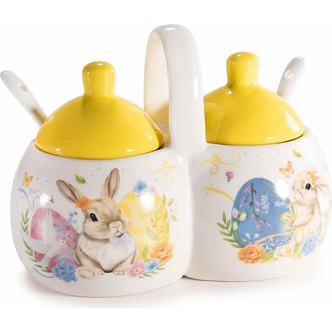 Double sucrier en céramique colorée avec cuillères, anse et imprimé lapins de Pâques, lot de 4, 16,5 x 9,5 x H. 12,5 cm