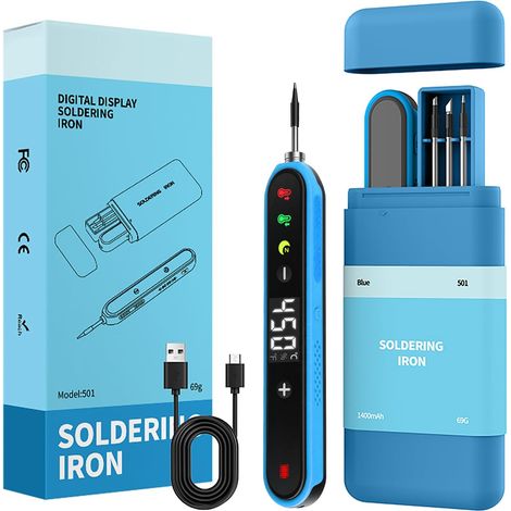 Kit de fer à souder sans fil USB-C à batterie 1400 mAh, Kit de fer à souder avec support, écran LCD,chauffe en 8s, 180–450 °C(Article 12) (1/5)