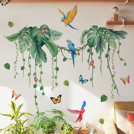 Sticker mural - Plantes tropicales - Perroquet et feuilles - Arbre - Oiseau - Plantes suspendues - Vert - Pour chambre d'enfant, salon, chambre à coucher, couloir - Décoration murale (plantes (1/5)