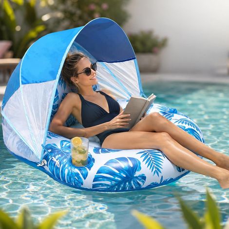 Flotador de piscina con toldo, silla inflable, azul, flotador inflable para adultos, colchón para tumbona. (1/5)