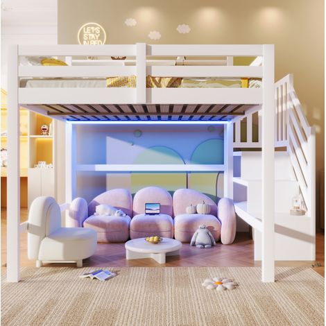 Letto a castello 140/200 cm bianco con LED, scala contenitore e ampio spazio inferiore (1/5)