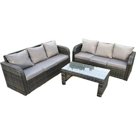 Fimous Gris foncé PE osier haut dossier rotin ensemble salon de jardin canapé décontracté 3 personnes ensemble canapé extérieur table basse rectangulaire 6 personnes (1/5)