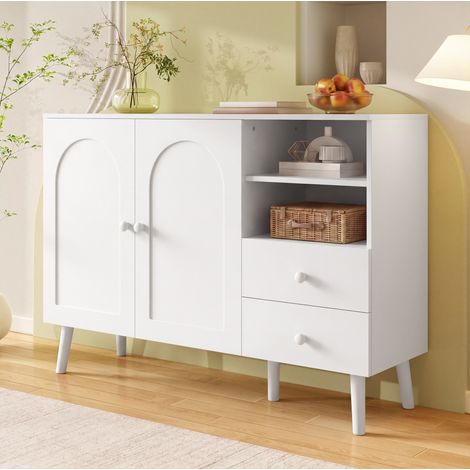 Credenza da soggiorno con 2 ante curve, 2 cassetti e 2 ripiani a giorno, mobile per ingresso 118x35x82 cm, MDF bianco e truciolato (1/5)
