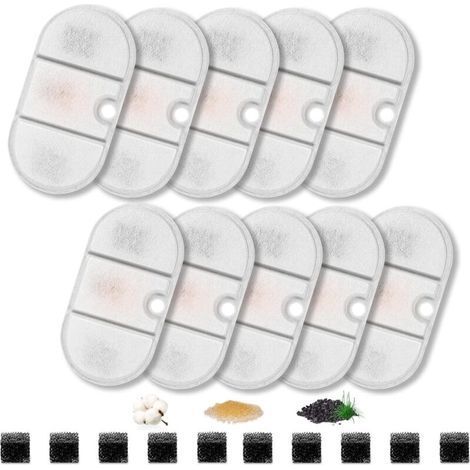 Filtres pour Fontaine à Chat, Lot de 10 filtres et 10 éponges en Résine et Charbon Actif, compatible avec Fontaine à eau pour Chat de 2,1 l PLWF002 (1/5)