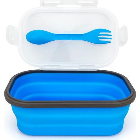 1000 ml Silikon-Bento-Box, zusammenklappbarer Frischhaltebehälter mit Deckel und Löffelgabel, 2-in-1-Camping-Lebensmittelbehälter, Lebensmittelbehälter, Lebensmittelbehälter (1/2)