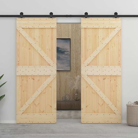 vidaXL Porta scorrevole 2 pcs Naturale e Nero Legno Massello di