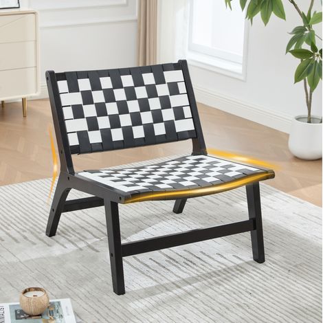 Fauteuil de loisirs sans accoudoirs à tressage damier, 71 x 66 x 72 cm, bois et PU noir/blanc (1/5)