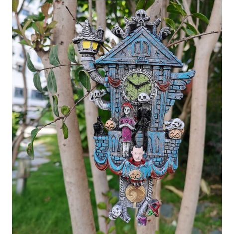 Handgefertigte Wanduhr aus Kunstharz – Skelett-Geist-Dekoration für Halloween, traditionelle Cuco-Uhr mit Waldhaus-Motiv, handgefertigte Kunstharzfigur für Weihnachten (1/5)