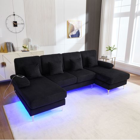Canapé d'angle en U 4 places avec 4 coussins, lumière LED, port USB-C, structure en bois, velours côtelé, noir