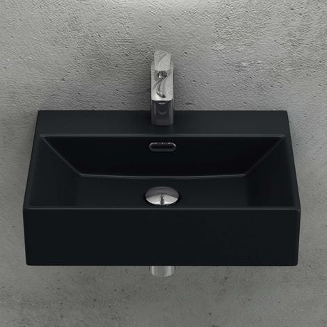 doporro Lavabo da Appoggio in Ceramica Rettangolare Lavandino Bagno Sospeso con Foro Rubinetto e Troppopieno 60x36x13cm Nero opaco Lavello con Rivestimento Nano Design Moderno Brüssel206 (1/5)