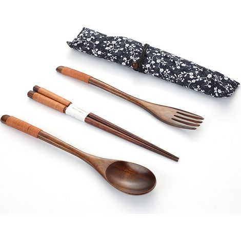 Set di stoviglie in legno naturale in stile giapponese fatto a mano (1 cucchiaio, 1 bacchetta, 1 forchetta, nero)