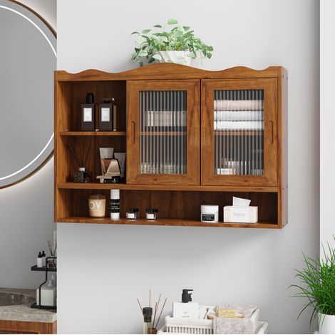 Armadietto a parete 90x20x60 cm marrone in legno massello e vetro con 2 ante scorrevoli e ripiani rimovibili (1/5)