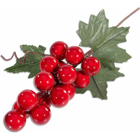 Rami decorativi natalizi di bacche rosse e foglie verdi artificiali, set da 20 pezzi, cm 17 H (con gambo 32,5)