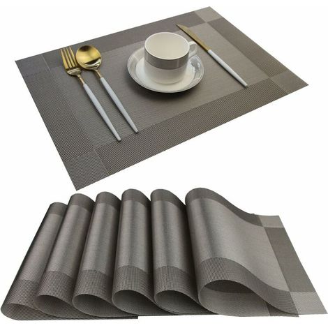 Ensemble de 6 sets de table gris en vinyle tissé, lavables et faciles à nettoyer, résistants à la chaleur. (1/5)