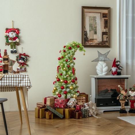 Sapin de Noël Artificiel Pré-éclairé de 210 cm avec Embout Flexible 366 Branches 160 LED Blanc Chaud 8 Modes Forme Crayon Fine et Incurvée (1/2)