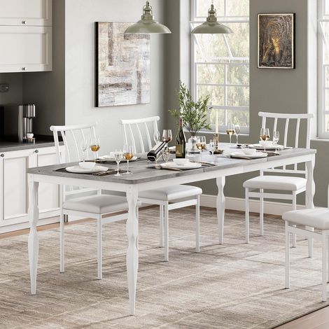Table à Manger Rectangulaire 180 cm pour 6 Personnes, Plateau Bois, Pieds Métal Robustes, Style Ferme Moderne, Gris Lavé et Blanc (1/5)