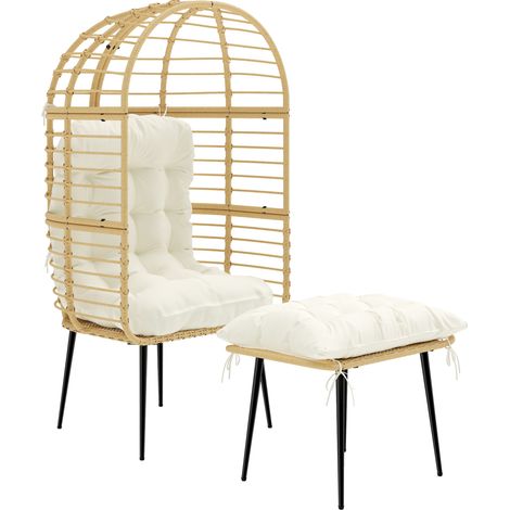 Polyrattan Ei Hängesessel mit Hocker Metallrahmen und dicken Kissen stilvoller Rattansessel freistehend wetterfest Beige
