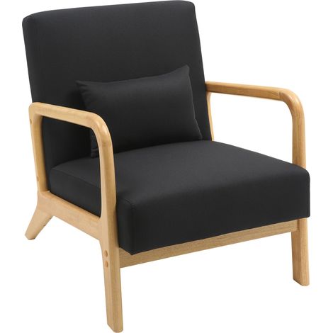 Fauteuil design scandinave en bois clair avec coussins rembourrés noir– Confort naturel 100008230