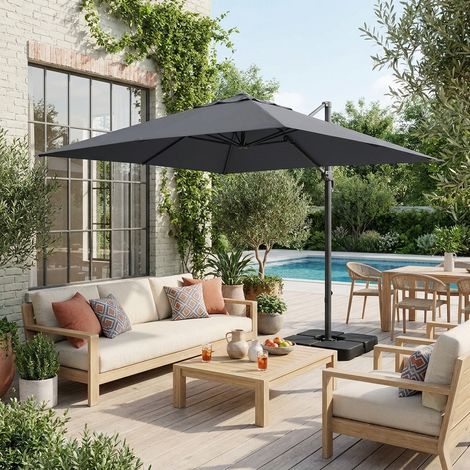 Parasol déporté rectangulaire 3x4m + dalles à lester 50x50cm gris - Wimereux + Fixeo