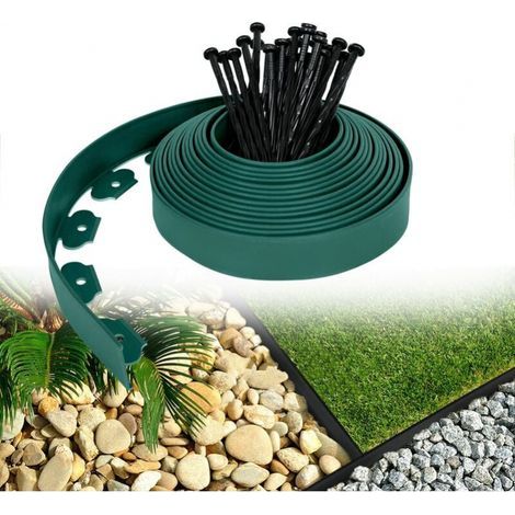 Bordure de pelouse plastique flexible Bordures pour jardins, séparation de l'herbe et des pierres, avec 30 clous de fixation, 10m de long, Vert (1/4)