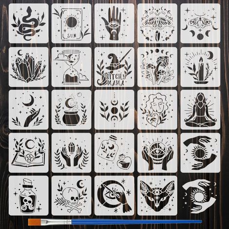 24Pcs Pochoir de Peinture de Sorcière Avec Pinceau 15x15cm Potion Magique Fée Boule de Cristal Divination Motif Dessin Modèle pour Peinture sur Bois Mur Tissu Meubles (1/5)