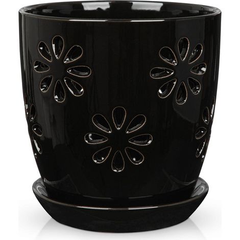 Keramik Pflanztopf 15cm mit Untersetzer, Drainage, Schwarz (1/5)