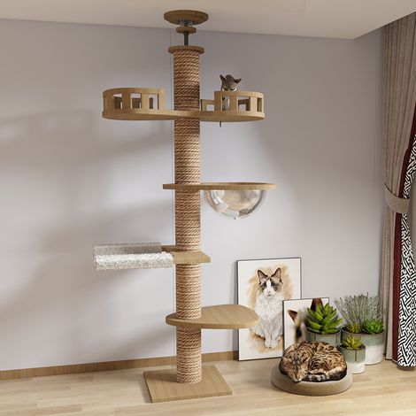 Grand Arbre à Chat en Bois Massif – Du Sol au Plafond – Panneaux de densité – Design naturel et minimaliste – Plateformes multiples – Base en pin élargie – Griffoirs en sisal – Pour chat
