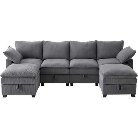 Canapé moderne en L en velours côtelé, avec repose-pieds amovible, ports USB, rangements et porte-gobelets, canapé modulaire pour salon, appartement et petits espaces, gris (1/5)