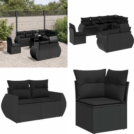 Salon de jardin 9 pcs avec coussins noir résine tressée - Ensemble Salon De Jardin - Salon De Jardin Extérieur - Meuble De Jardin - Mobilier De Jardin - Résine Tressée - Home & Living (1/5)